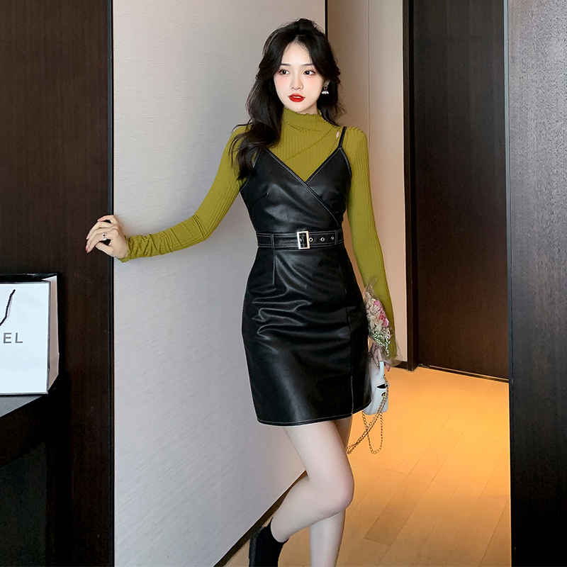 PU Leather Two-Piece Skirt Set with Long Sleeve Top and Cami Dress 2025 Autumn