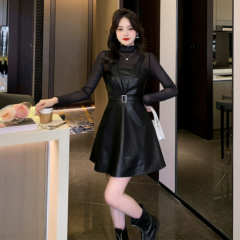 Autumn Two-Piece Set Mesh Long Sleeve Top and PU Leather Cami Dress 8277 - Image 2