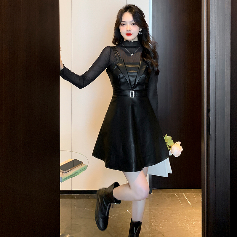 Autumn Two-Piece Set Mesh Long Sleeve Top and PU Leather Cami Dress 8277 - Image 4