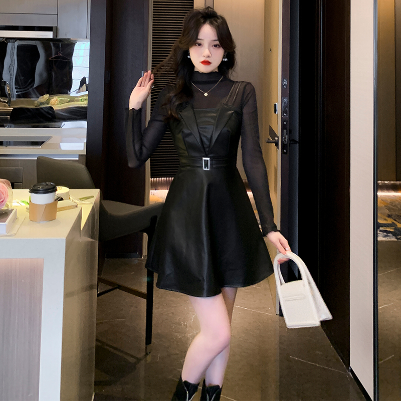 Autumn Two-Piece Set Mesh Long Sleeve Top and PU Leather Cami Dress 8277 - Image 3