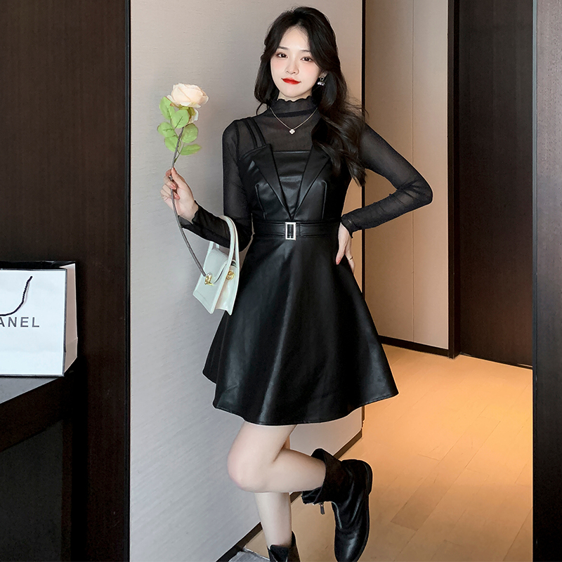Autumn Two-Piece Set Mesh Long Sleeve Top and PU Leather Cami Dress 8277