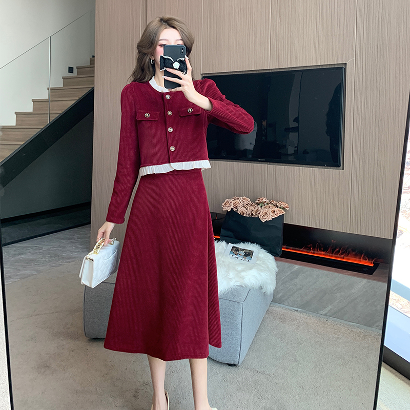 Women's Two-Piece Corduroy Lace Panel Stand Collar Short Jacket and A-Line Long Skirt Set