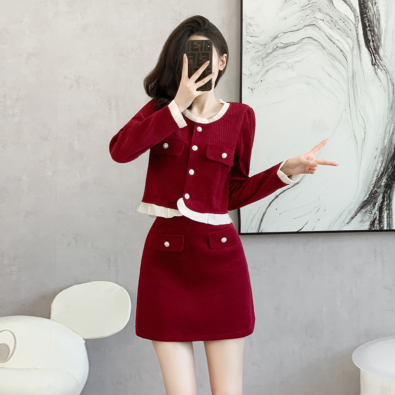 Women's Retro Two-Piece Skirt Set Long Sleeve Round Neck