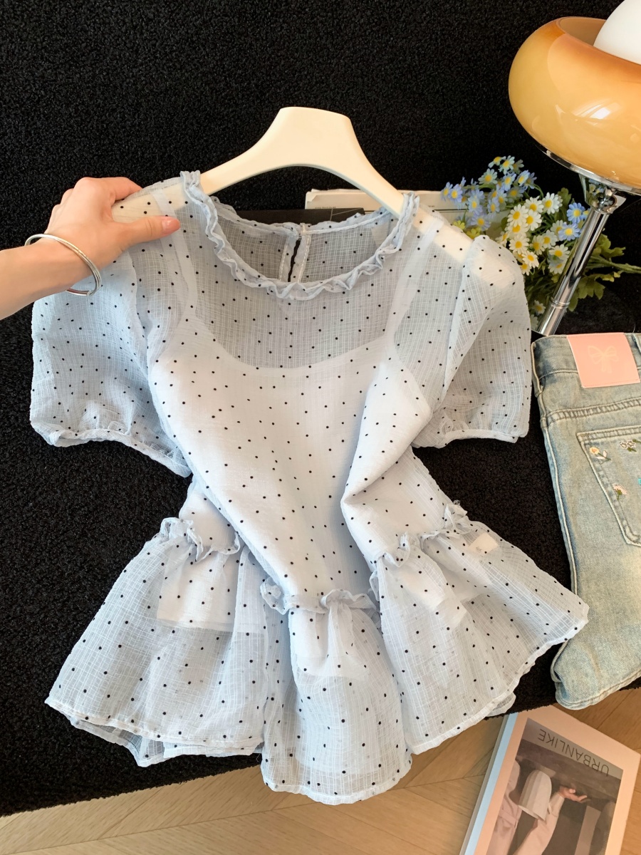 Korean Sweet Wood Ear Edge Sheer Polka Dot Shirt with Cami Two-Piece Set Summer - Image 2