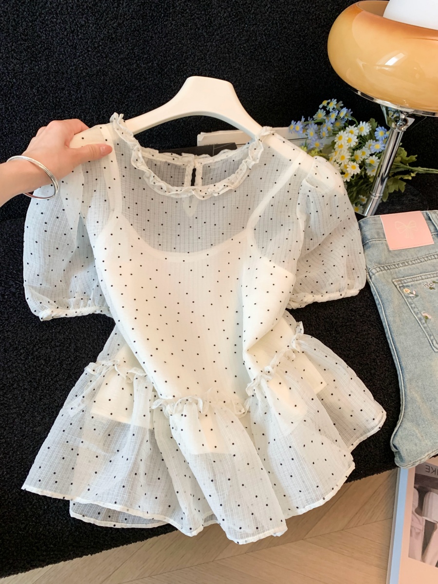 Korean Sweet Wood Ear Edge Sheer Polka Dot Shirt with Cami Two-Piece Set Summer
