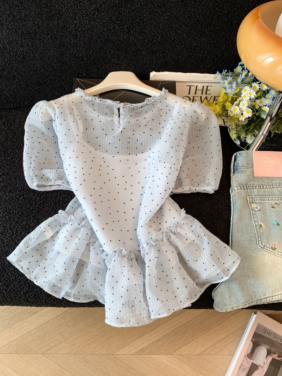 Korean Sweet Wood Ear Edge Sheer Polka Dot Shirt with Cami Two-Piece Set Summer - Image 4
