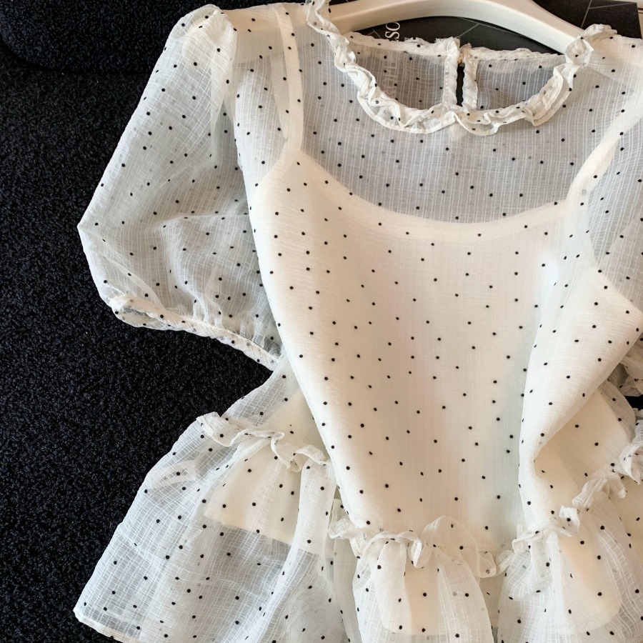 Korean Sweet Wood Ear Edge Sheer Polka Dot Shirt with Cami Two-Piece Set Summer - Image 5