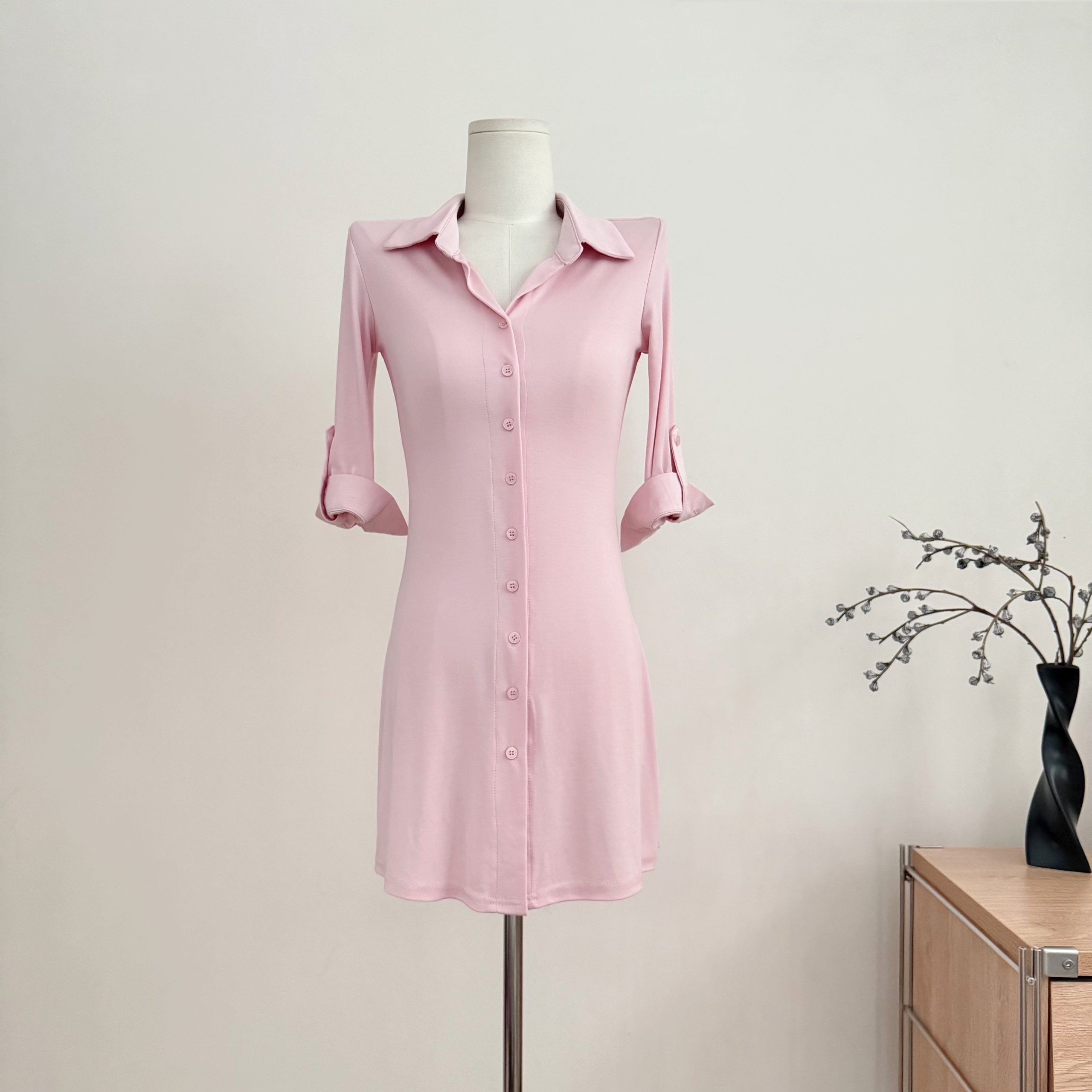 Pink and Gray Polo Collar Slim Fit Flare Sleeve Dress for Women Summer Short Dress - Image 2