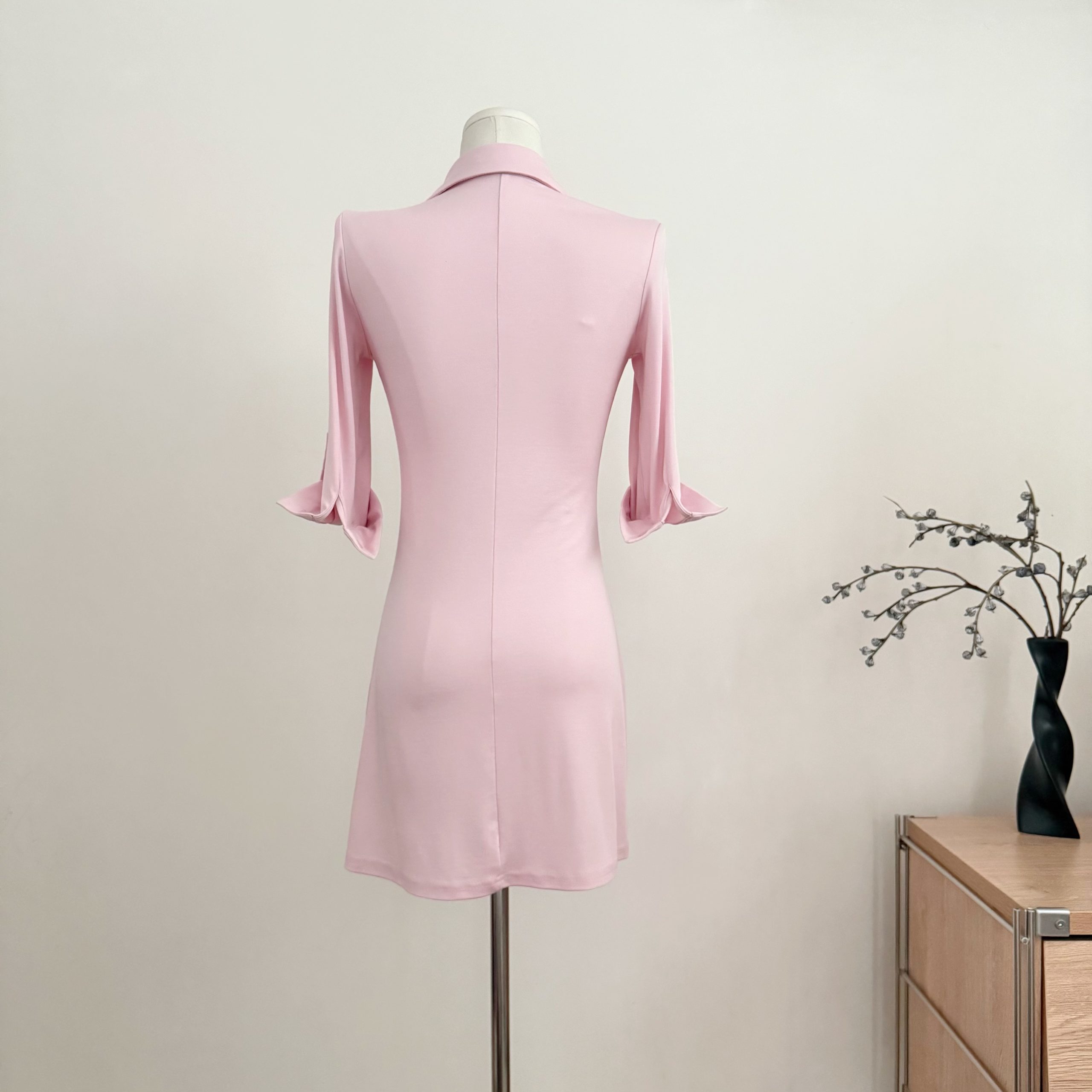 Pink and Gray Polo Collar Slim Fit Flare Sleeve Dress for Women Summer Short Dress - Image 4