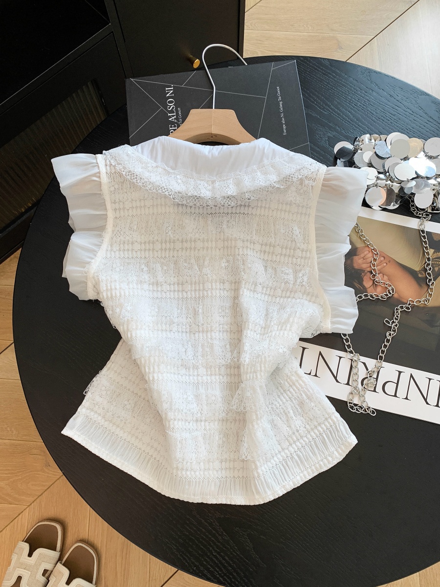 Women's Lace Shirt with Doll Collar and Bow Ruffle French Style Sleeveless Top Summer 2026 - Image 2