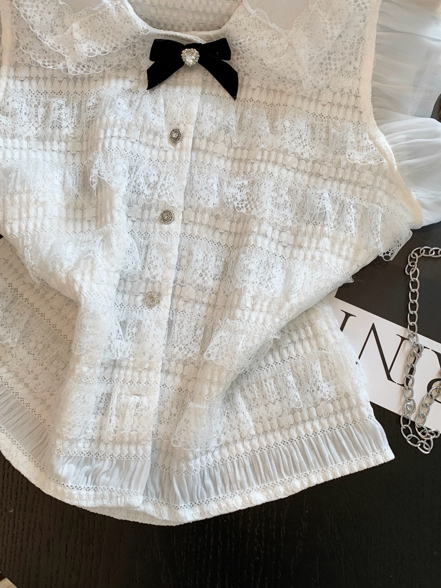 Women's Lace Shirt with Doll Collar and Bow Ruffle French Style Sleeveless Top Summer 2026 - Image 4