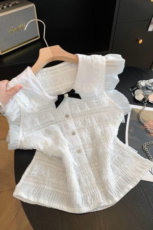 Women's Lace Shirt with Doll Collar and Bow Ruffle French Style Sleeveless Top Summer 2026