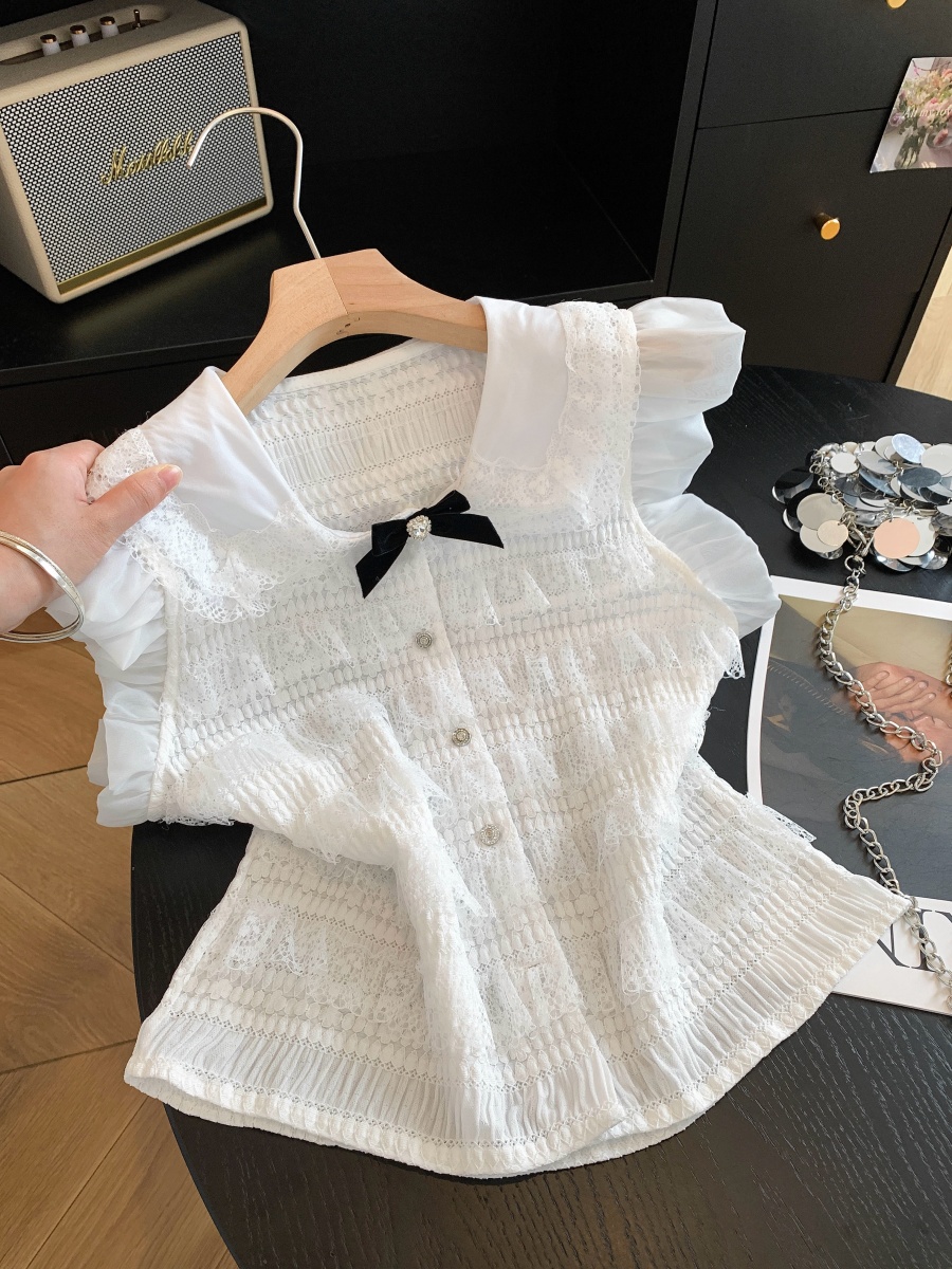 Women's Lace Shirt with Doll Collar and Bow Ruffle French Style Sleeveless Top Summer 2026