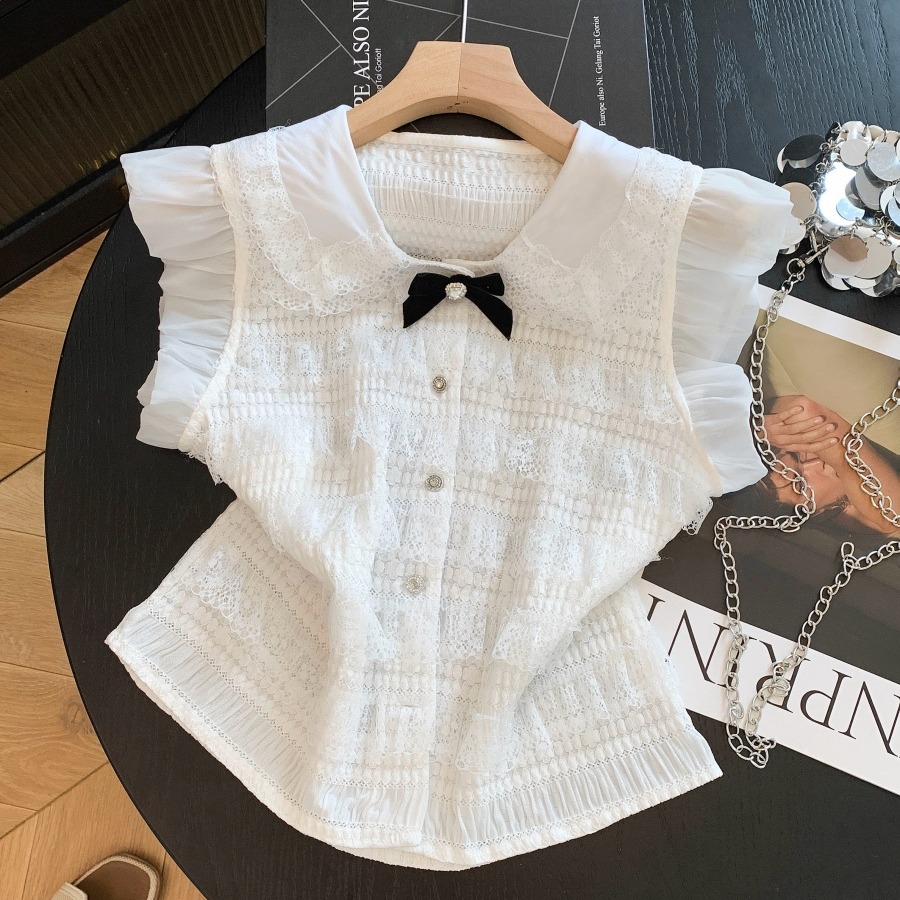 Women's Lace Shirt with Doll Collar and Bow Ruffle French Style Sleeveless Top Summer 2026 - Image 5
