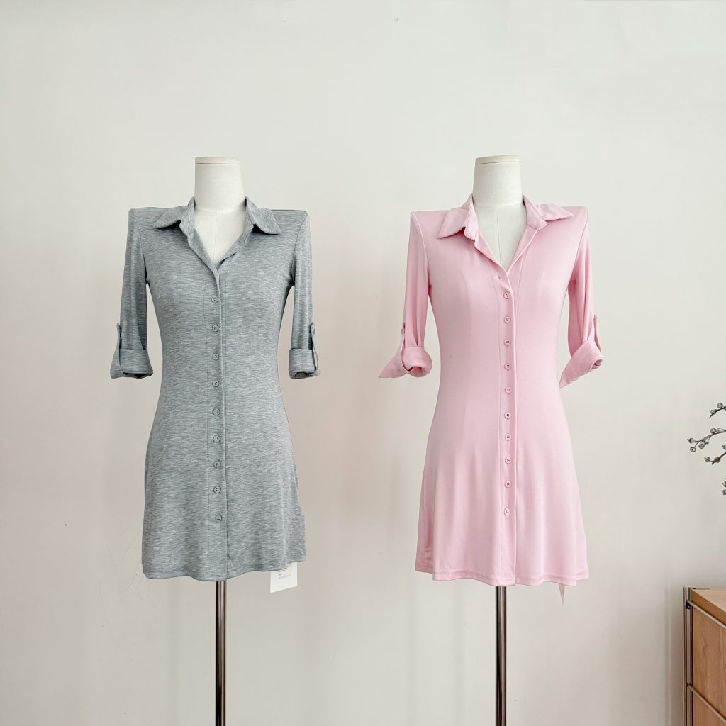Pink and Gray Polo Collar Slim Fit Flare Sleeve Dress for Women Summer Short Dress