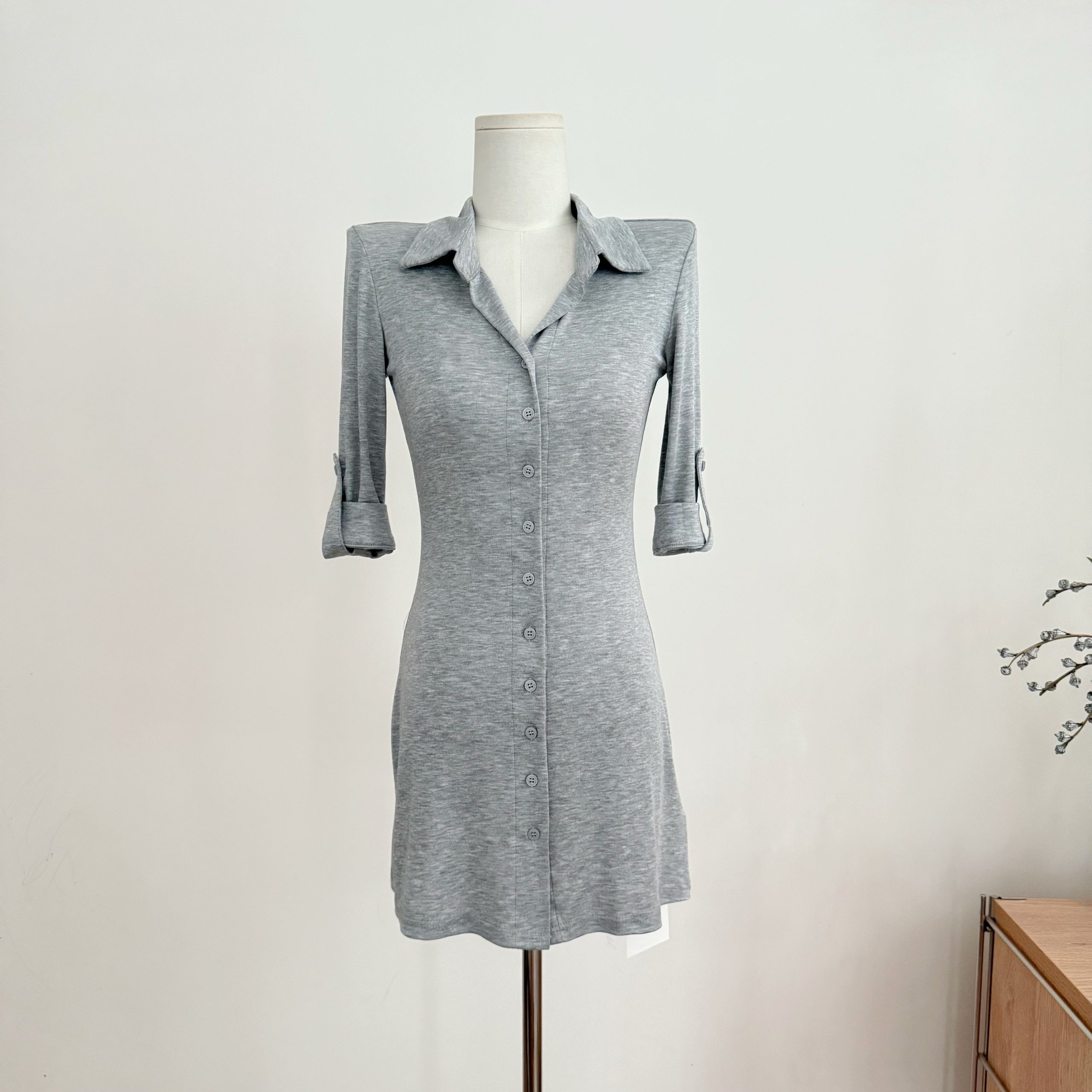 Pink and Gray Polo Collar Slim Fit Flare Sleeve Dress for Women Summer Short Dress - Image 3