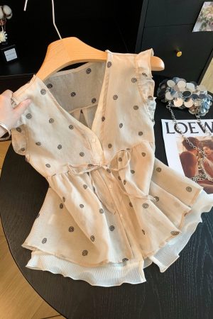 French Style Sleeveless V-Neck Blouse with Ruffle Trim and Embroidery