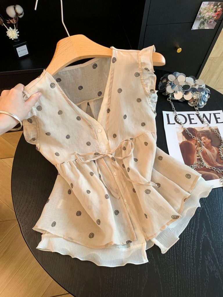 French Style Sleeveless V-Neck Blouse with Ruffle Trim and Embroidery