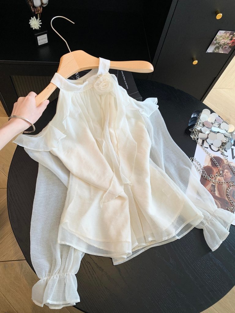 Women's Off-Shoulder Halter Chiffon Top with 3D Flowers Long Sleeve Loose Fit