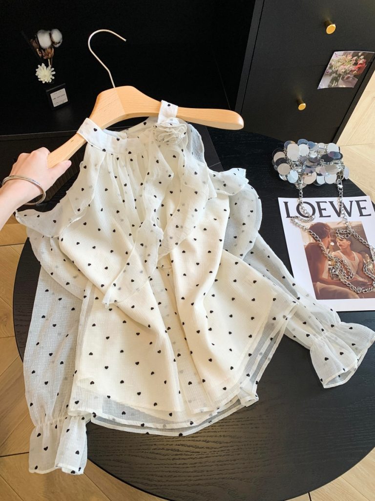 Women's 3D Floral Halter Heart Polka Dot Chiffon Long Sleeve Shirt Summer New Off-Shoulder Ruffle Top