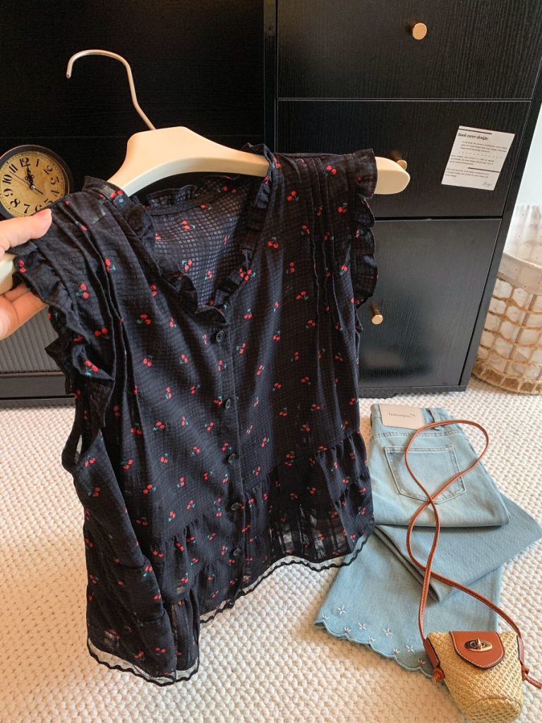 Women's French Ruffle Floral Chiffon Top Summer Sleeveless V-Neck Loose Fit