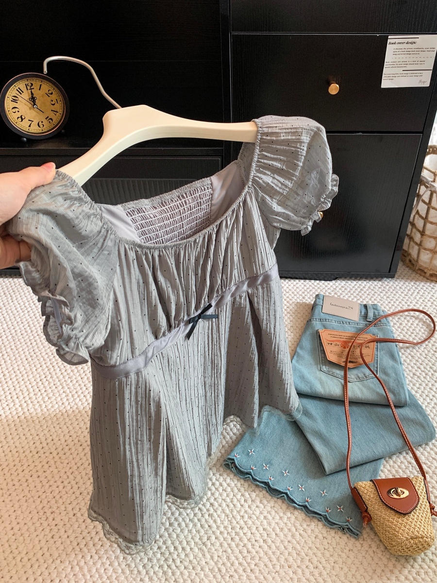 Polka Dot Star Bow Lace Trim Square Neck Puff Sleeve Top for Women Summer