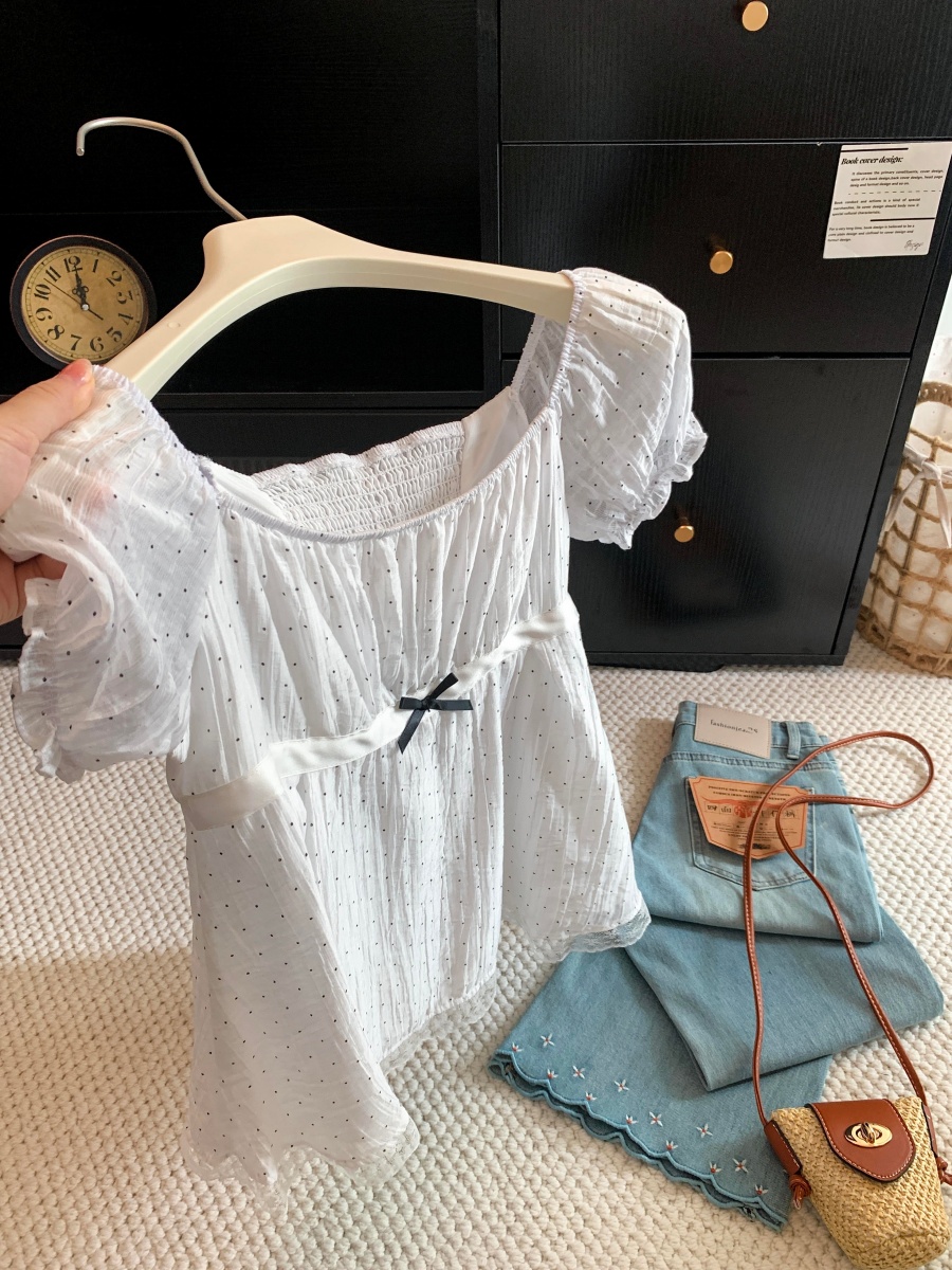 Polka Dot Star Bow Lace Trim Square Neck Puff Sleeve Top for Women Summer - Image 2