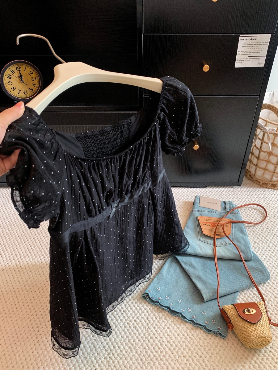 Polka Dot Star Bow Lace Trim Square Neck Puff Sleeve Top for Women Summer - Image 3