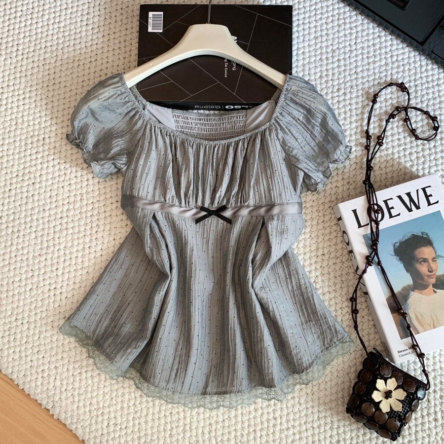 Polka Dot Star Bow Lace Trim Square Neck Puff Sleeve Top for Women Summer - Image 5