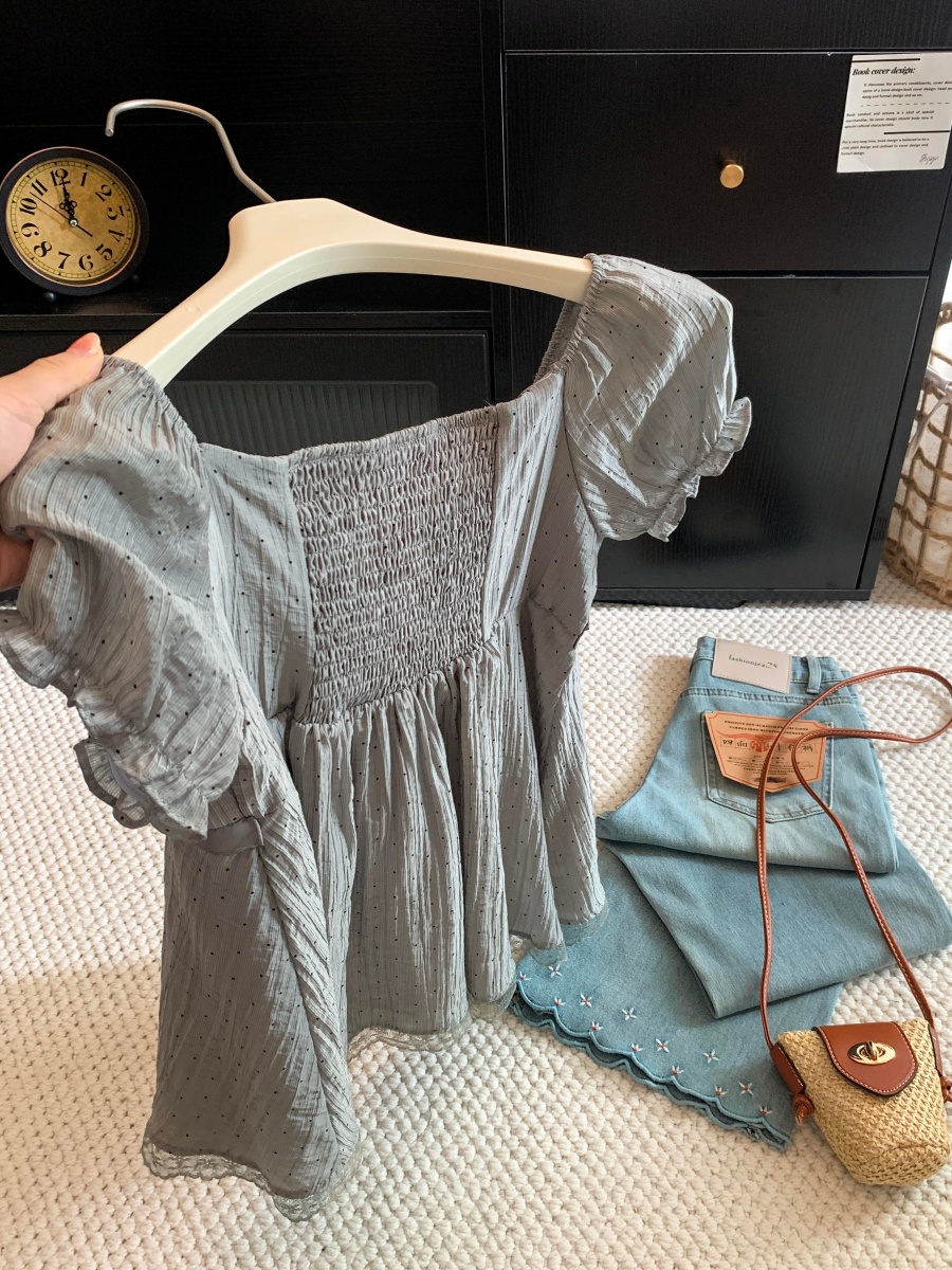 Polka Dot Star Bow Lace Trim Square Neck Puff Sleeve Top for Women Summer - Image 4