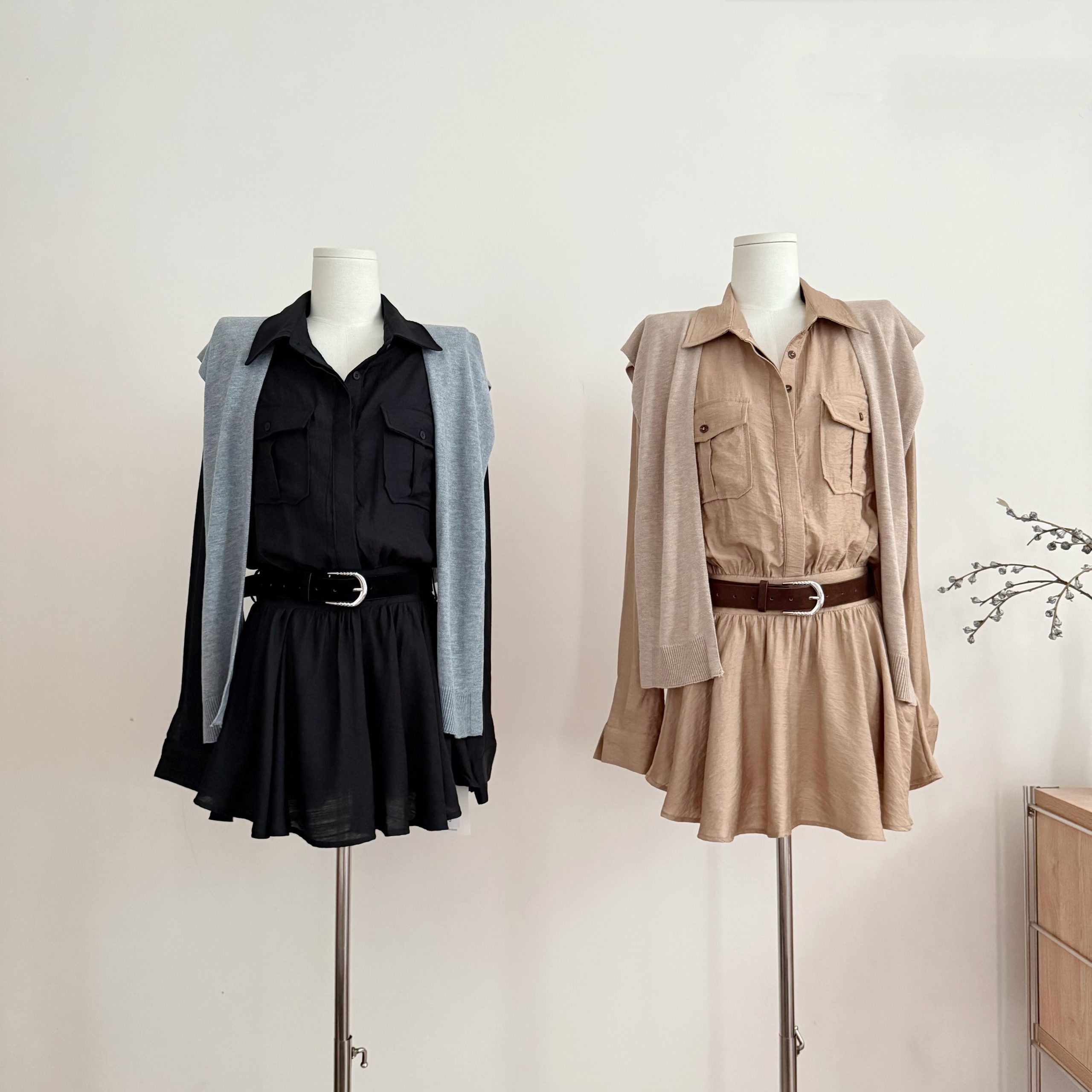 Women's Long Sleeve Waist-Cinched Shirt Dress with Shawl and Belt - Image 2