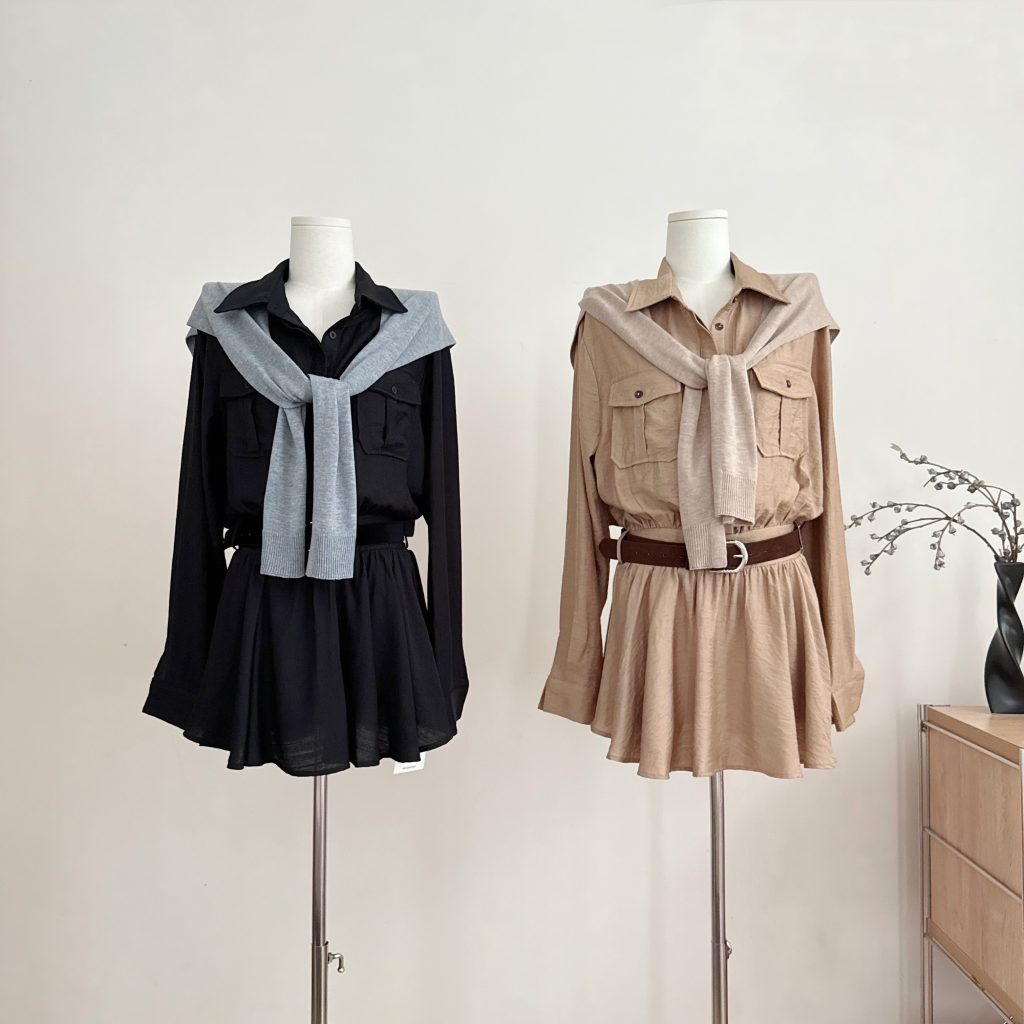 Women's Long Sleeve Waist-Cinched Shirt Dress with Shawl and Belt