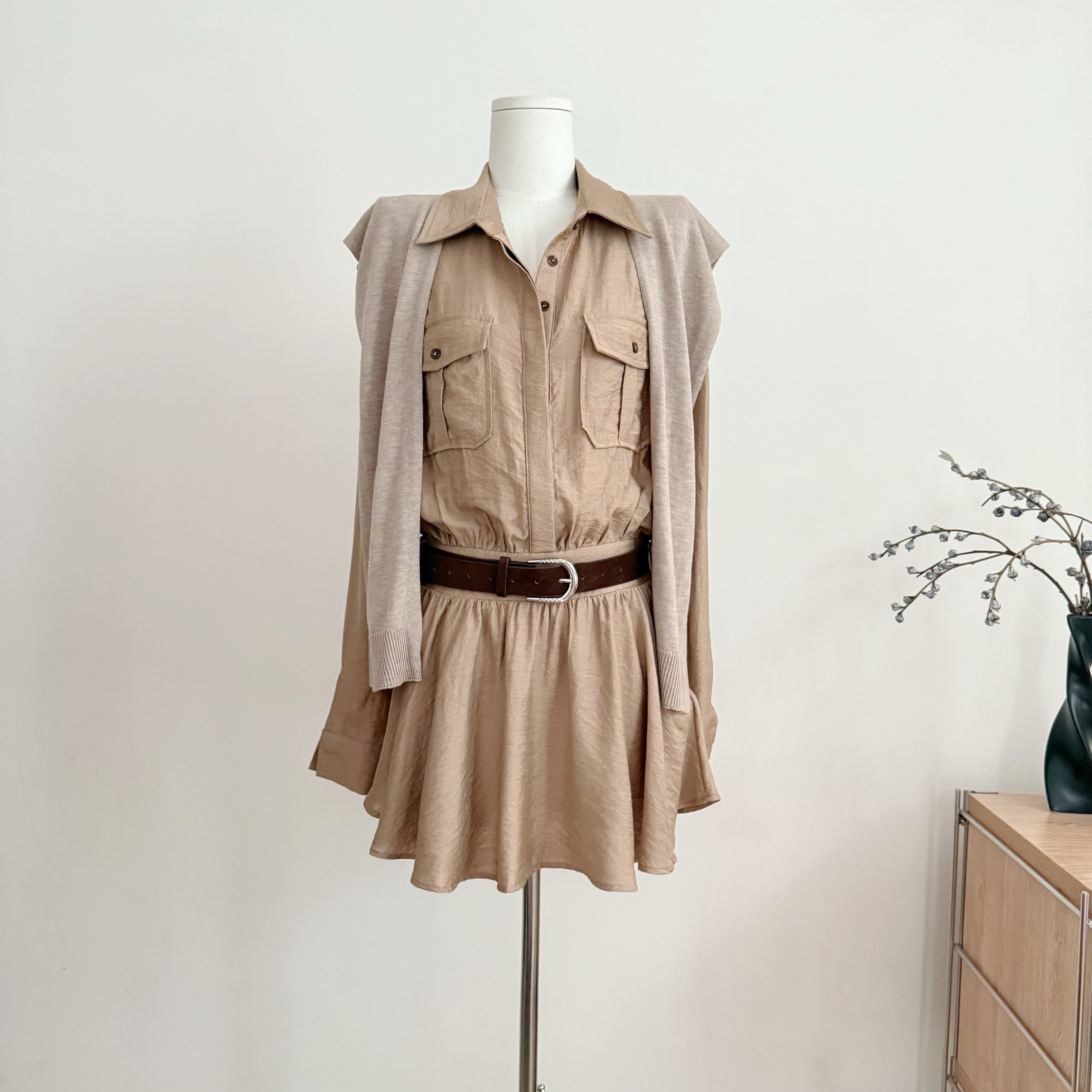 Women's Long Sleeve Waist-Cinched Shirt Dress with Shawl and Belt - Image 3