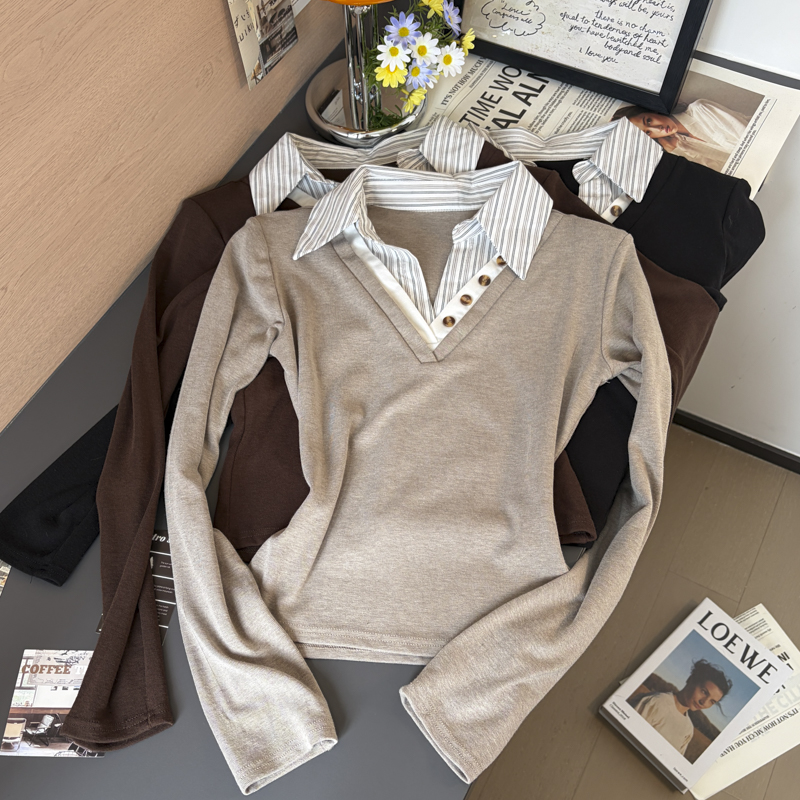2026 Fall Korean Striped Collar Faux Two-Piece Long Sleeve T-Shirt with Shoulder Pads Cotton Top for Women