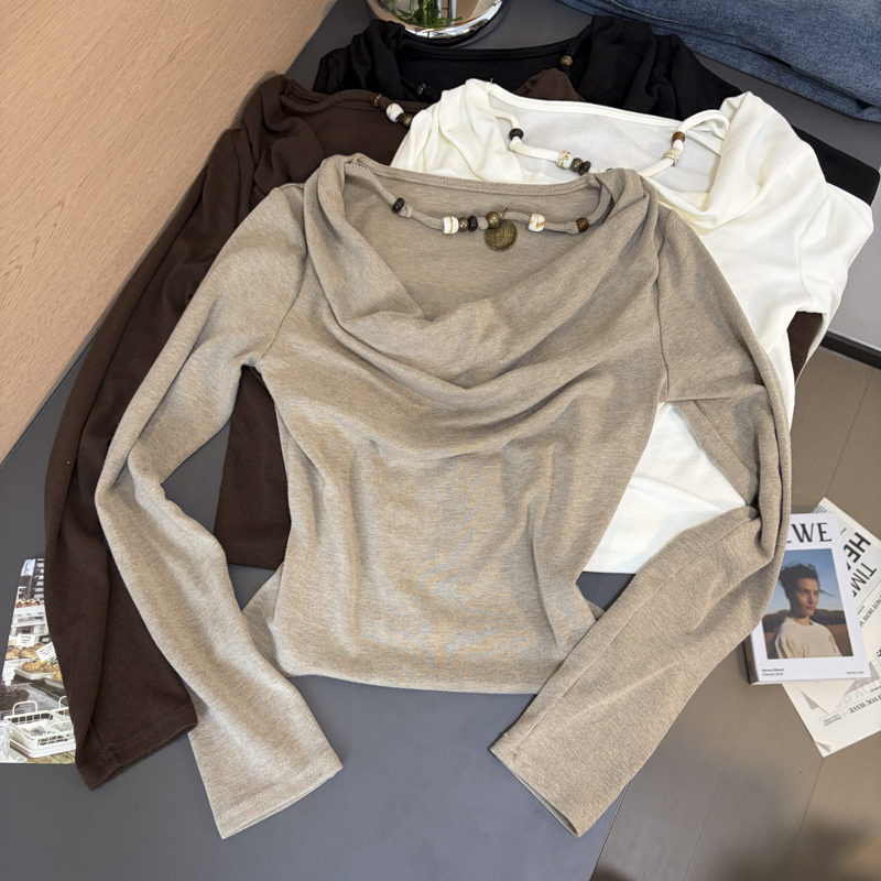 Women's Beaded Cowl Neck One Shoulder Long Sleeve Slim Fit T-Shirt 2026 Fall
