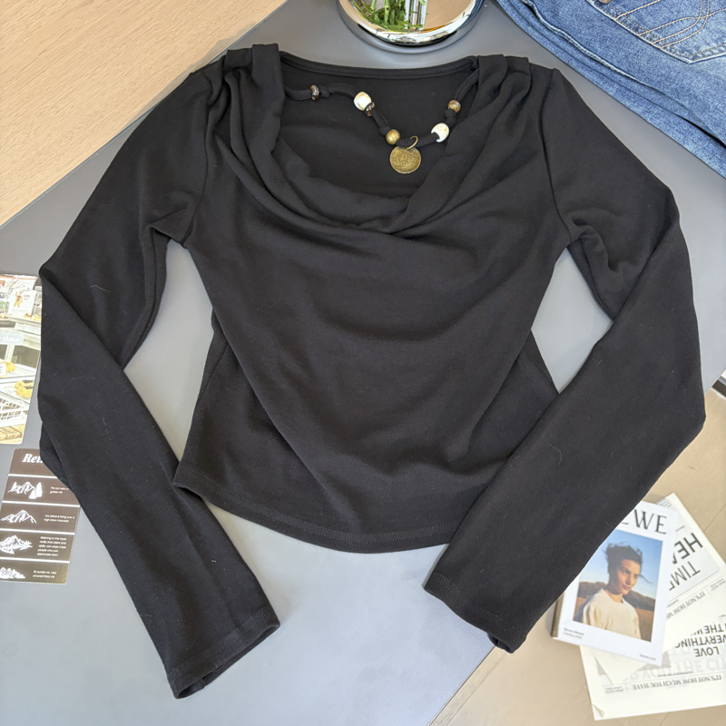 Women's Beaded Cowl Neck One Shoulder Long Sleeve Slim Fit T-Shirt 2026 Fall - Image 4