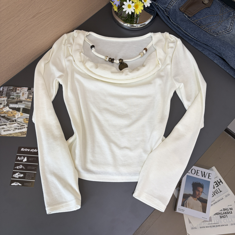 Women's Beaded Cowl Neck One Shoulder Long Sleeve Slim Fit T-Shirt 2026 Fall - Image 5