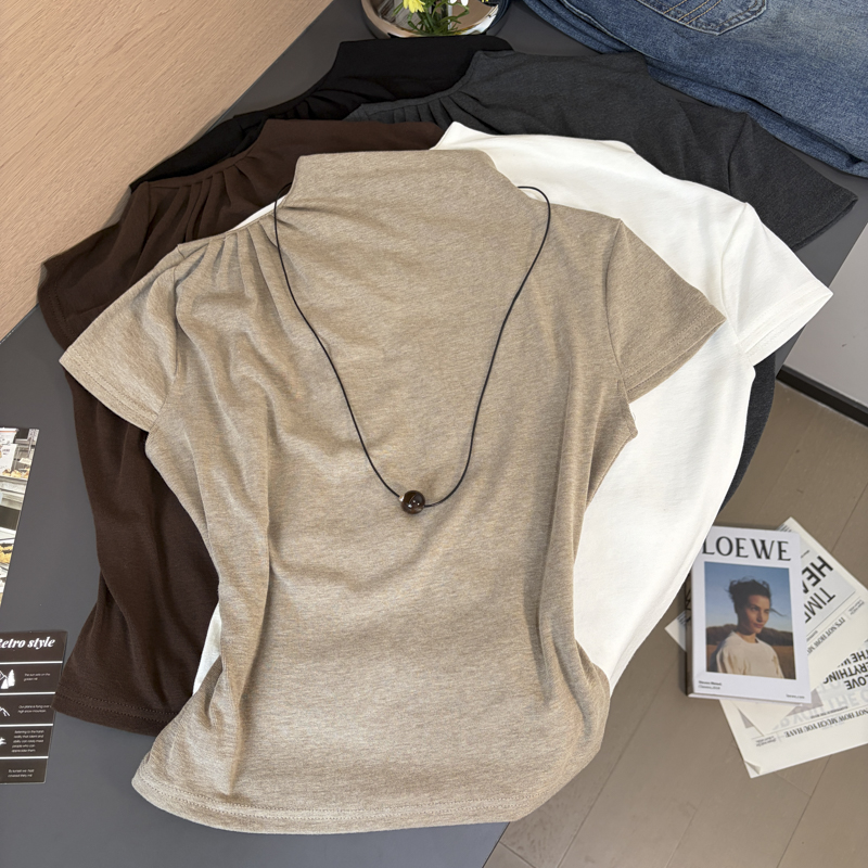 Women's Stand Collar Ruffle Sleeve Knit T-Shirt with Necklace - 2026 Fall Korean Style