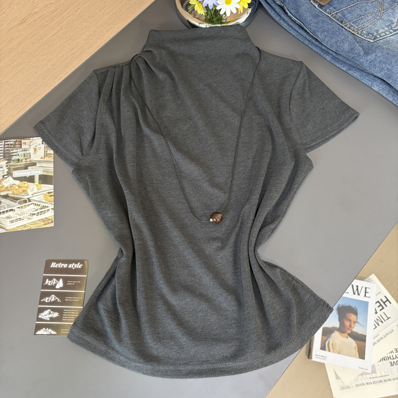 Women's Stand Collar Ruffle Sleeve Knit T-Shirt with Necklace - 2026 Fall Korean Style - Image 4