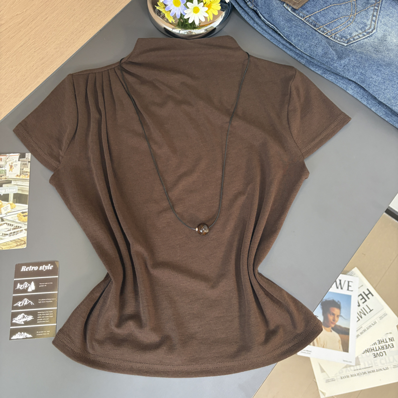 Women's Stand Collar Ruffle Sleeve Knit T-Shirt with Necklace - 2026 Fall Korean Style - Image 3