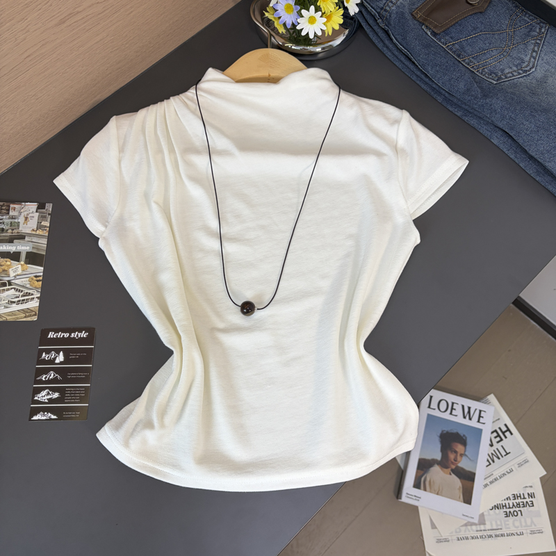 Women's Stand Collar Ruffle Sleeve Knit T-Shirt with Necklace - 2026 Fall Korean Style - Image 5