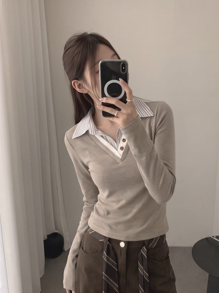 Women's Korean Striped Lapel Faux Two-Piece Long Sleeve T-Shirt with Shoulder Pads Cotton Top Fall 2026