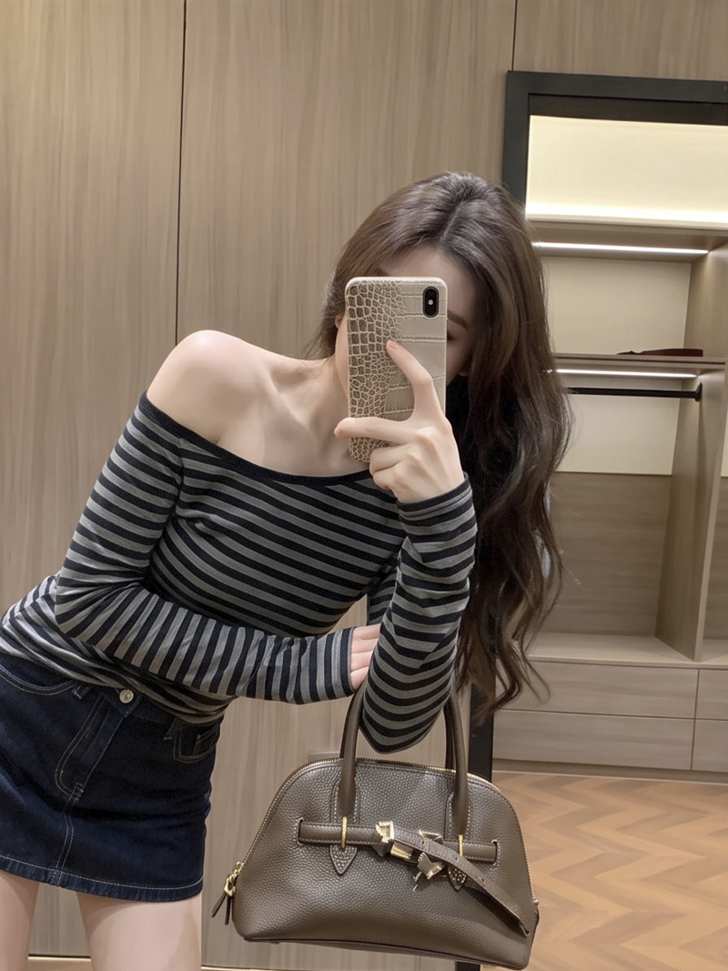 Sexy One-Shoulder Striped Long-Sleeve Slim-Fit Women's Top 2026 Fall - Image 4