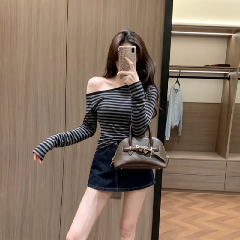Sexy One-Shoulder Striped Long-Sleeve Slim-Fit Women's Top 2026 Fall - Image 5