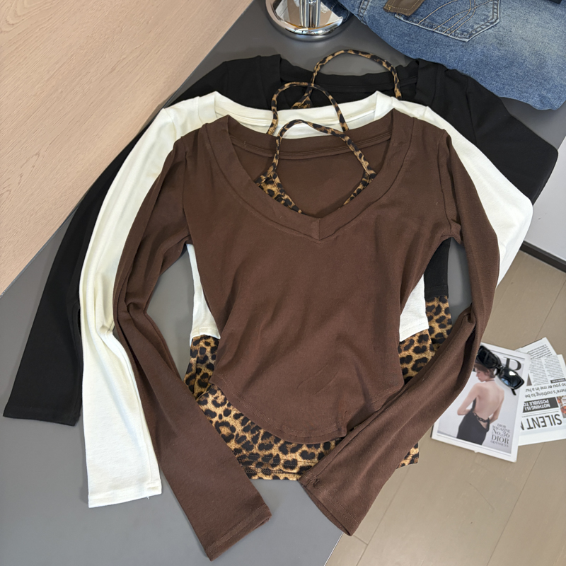 2026 Autumn Leopard Halter Fake Two-Piece Long Sleeve T-Shirt for Women Slim Fit