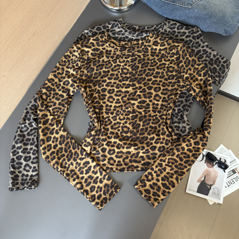 2026 Autumn Vintage Leopard Print Long Sleeve Cotton T-Shirt for Women Slim Fit Sexy Top
