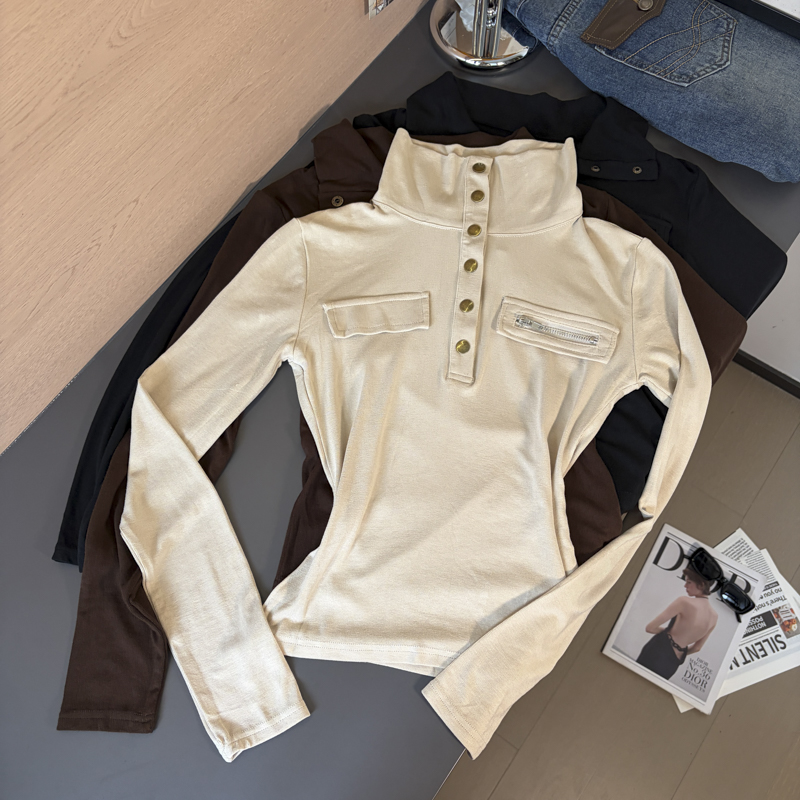 Women's Slim Fit Button Stand Collar Long Sleeve T-Shirt 2026 Fall - Style 381f70