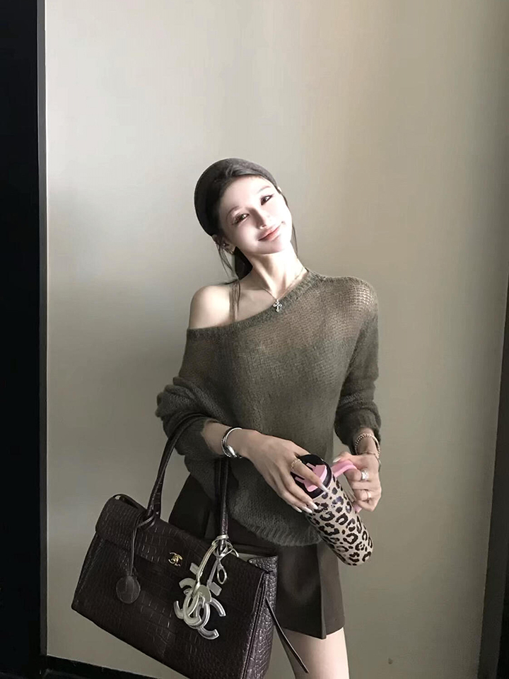 Lazy Relaxed Off-Shoulder Cutout Loose Knit Long-Sleeve Pullover Top - Style 66ead6