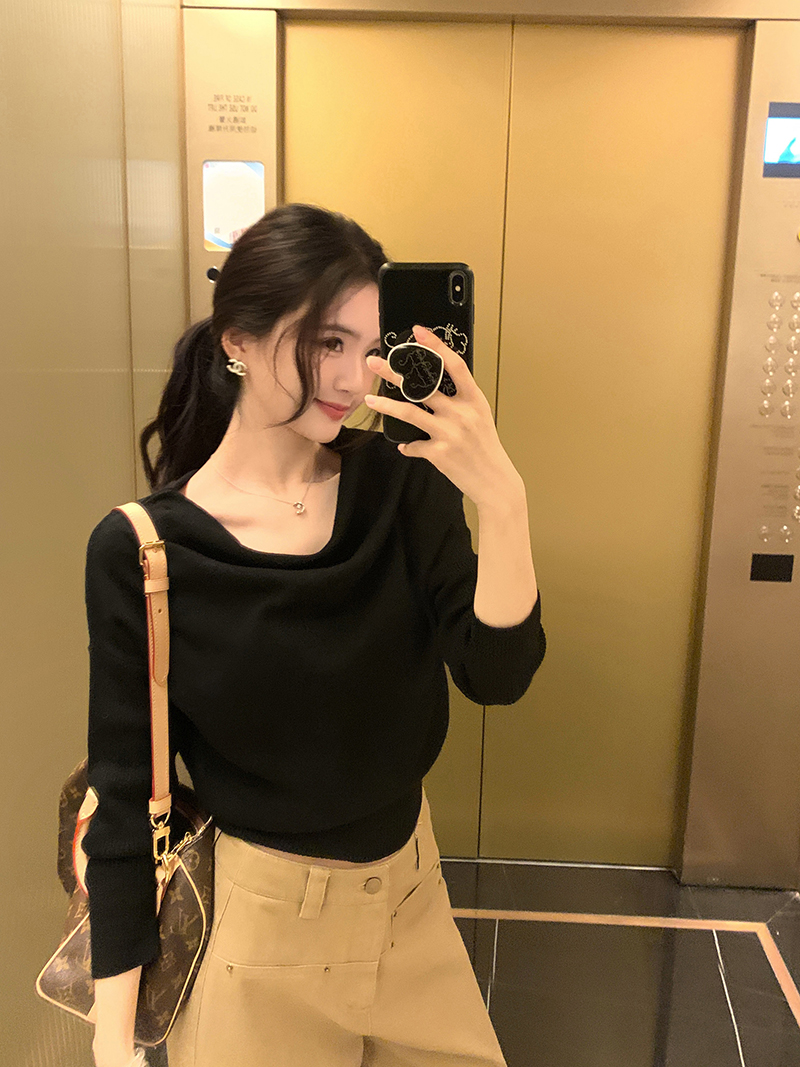 Famouswang Fall New Multi-Wear Asymmetric Shoulder Draped Neck Wool Knit Top - Image 4