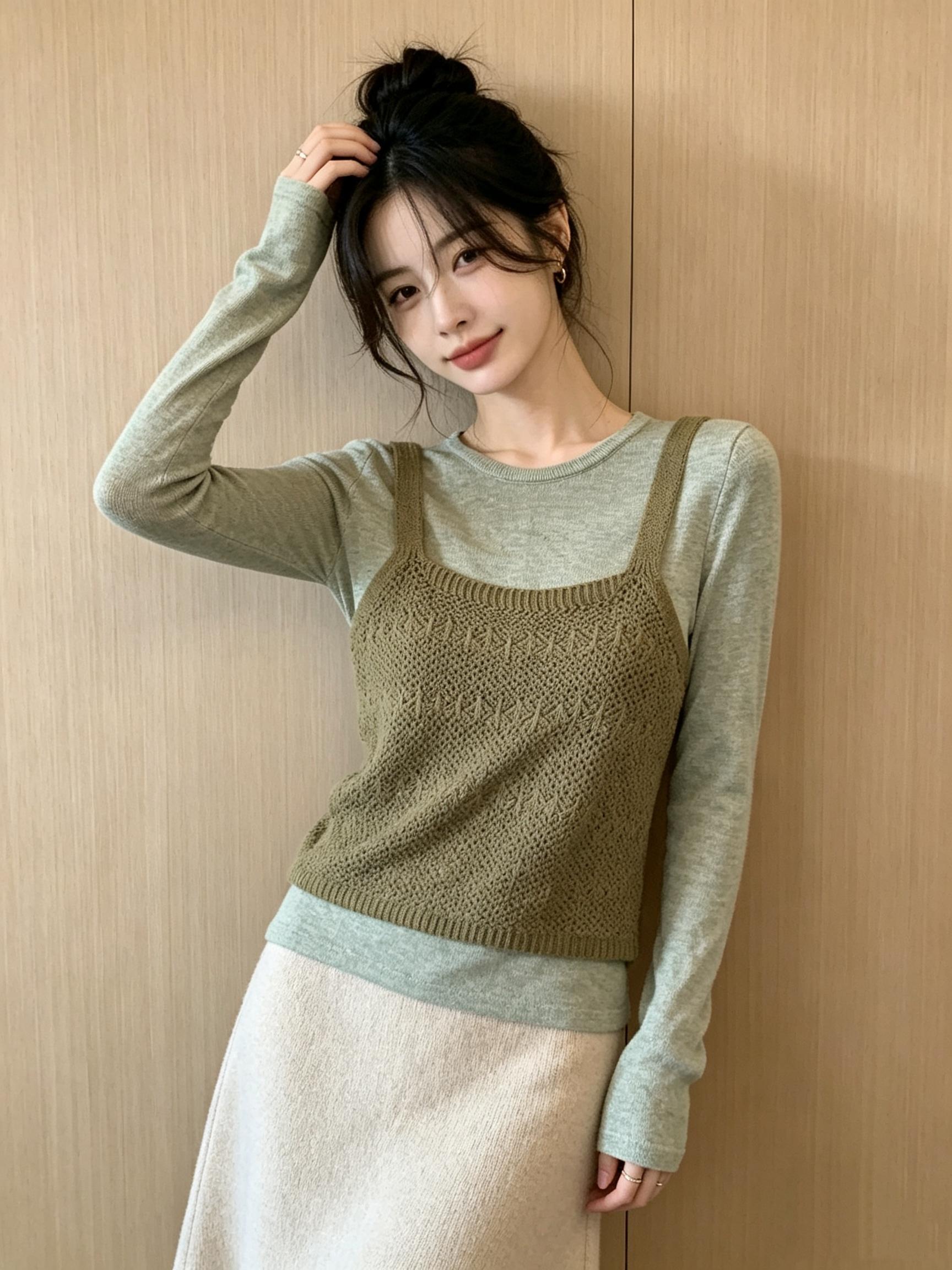 Korean Hollow-Out Knit Cami Solid Two-Piece Layering Top - Image 3